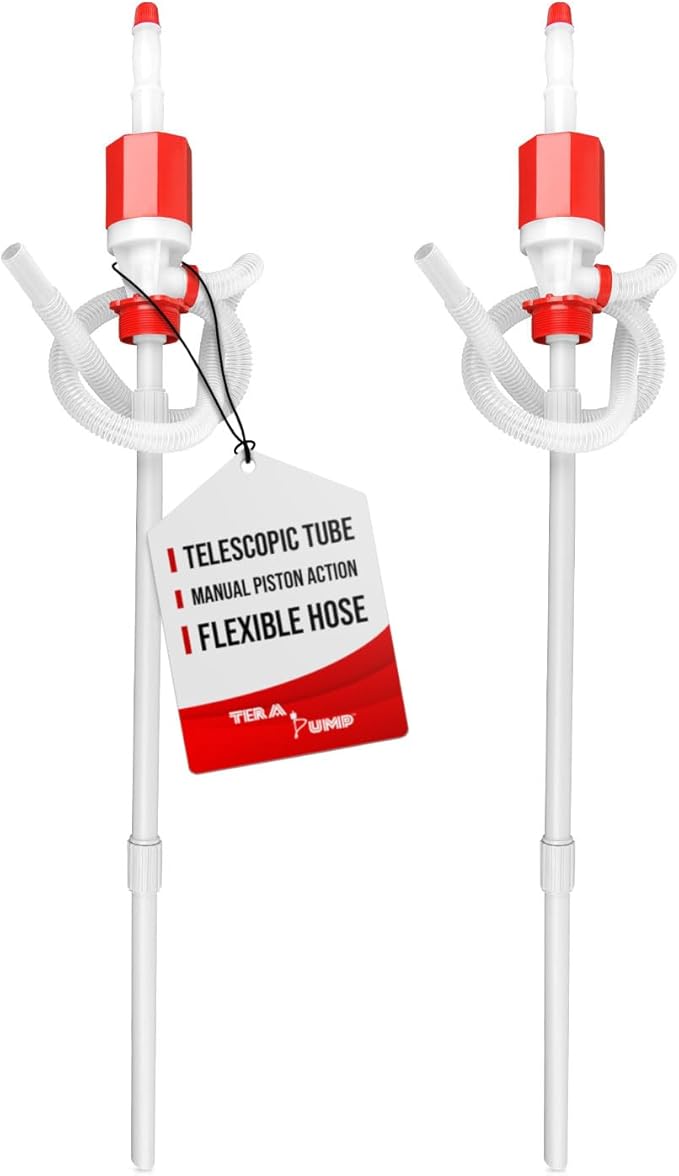 TERA PUMP TRDRUM40 Manual Fuel Drum Pump, 2 Pack | BPA-Free, Compact Heavy Duty, Portable, Adjustable Length, For 55-Gallon Drum Barrels