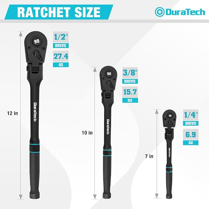 DURATECH 3-Piece Flex-Head Drive Ratchet Handle, 1/4", 3/8", 1/2" 90-Tooth Quick-Release Ratchet Wrench with 180° Pivoting Head & 7-Position Setting, Reversible, CR-V Made, Black Mn Phosphate Finish