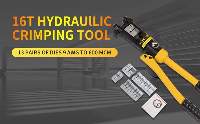 16T Hydraulic Crimping Tool 8 AWG to 600 MCM Battery Cable Crimping Tool 0.87 inch Stroke Hydraulic Lug Crimper Electrical Terminal Crimper with 13 Pairs of Dies