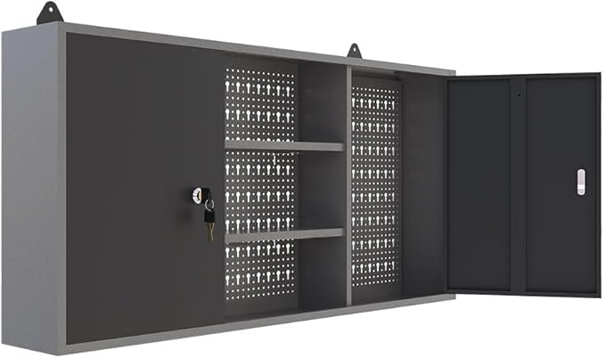 JZD Metal Wall Storage Cabinet with 22 Tool Hooks, for Garage Workshop Black & Grey