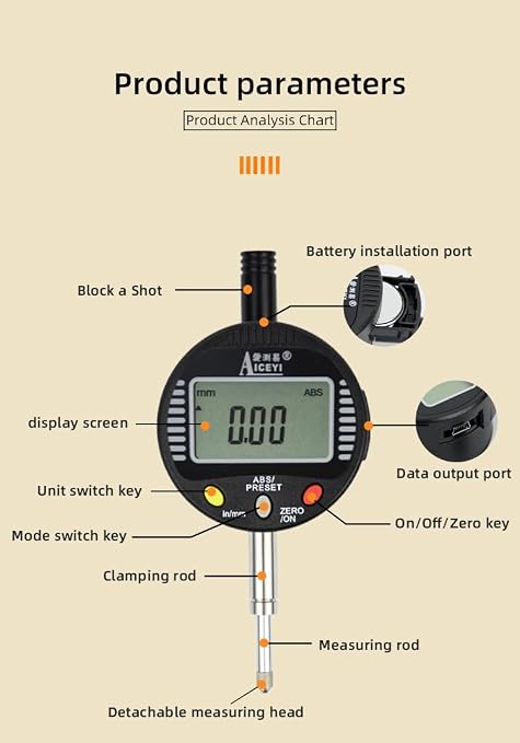 Digital dial Gauge, Range 0-0.5in/12mm, Accuracy 0.00004 in/0.001 mm, high Sensitivity, Industrial Grade Quality, Multiple Measurement scenarios, Precise Measurement
