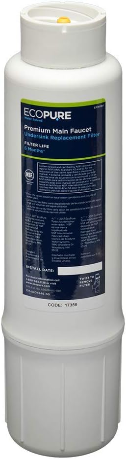 EcoPure EPWPRF Premium Main Faucet Replacement Filter – Fits EPWPFF System – NSF-Certified – Reduces Lead, Chlorine, Sediment & Pharmaceuticals – 6-Month Life – Easy, Mess-Free Changes