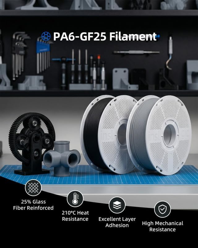Inslogic PA6-GF25 Nylon Filament Reinforced with Glass Fiber 1.75mm, High-Temp 3D Printing Material with 210°C HDT, 1kg Spool Filament, Tough & Heat-Resistant, for Industrial FDM Printers (Black)