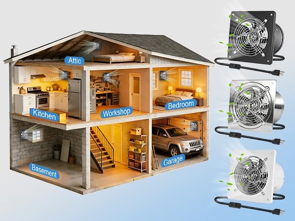 6-inch wall-mounted kitchen metal exhaust fan with switch, 382-576CFM, portable installation, with return air valve, suitable for attic, garage, bathroom, office, basement ventilation, silver