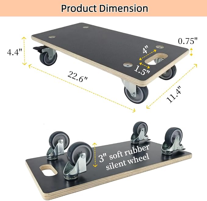Furniture Dolly 4 Wheels, Furniture Movers, 2 Packs 2200 lb Load Capacity Heavy Duty Wood Dolly, Multifunctional Moving Dolly with 4 Soft Rubber Silent Wheels （2 with Brake+ 2 Without）