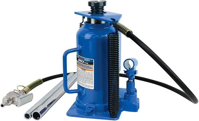 K Tool International XD63228 20 Ton Air/Hydraulic Bottle Jack for Garages, Repair Shops, and DIY, 44,000 lbs. Capacity, Lift Range 10.43"-19.88", Heavy Duty Steel, Load-limiting/Bypass Valves, Blue