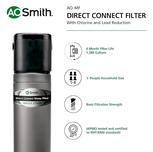 AO Smith Water Filter for Sink Faucet - Basic Direct Connect Under Sink Water Filter System - Carbon Block Filter Reduces Up to 99% of 9 Harmful Contaminants - AO-MF