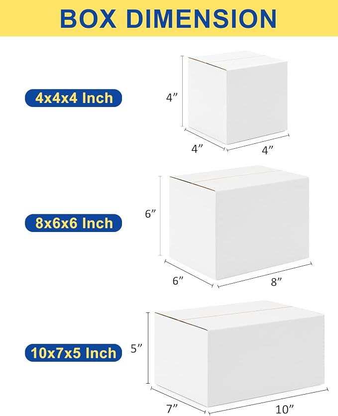 Assorted-Sizes-Shipping-Boxes-45-Pack: 4x4x4 & 8x6x6 & 10x7x5 Small-Shipping-Boxes-Mailers, White Corrugated-Cardboard-Boxes-for-Packing-Small-Business Mailing