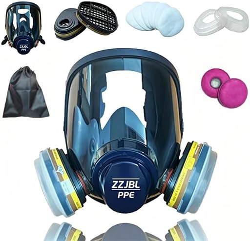 Reusable Full Face Respirator Mask, Anti-Fog Clear Lens, Anti-Paint Adhesion Safety Mask with Filters for Spray Painting, Welding, Polishing, Construction & Chemical Industrial Work