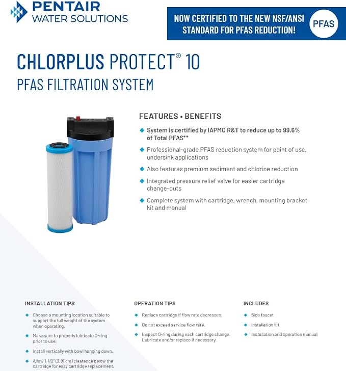 Pentair Pentek ChlorPlus Protect 10 Replacement Cartridge, 1 Micron Carbon Block, Reduces PFOA, PFOS, Chlorine and Chloramine, NSF/ANSI 53 Certified, 10-Inch Undersink, 5.13" x 12.23"