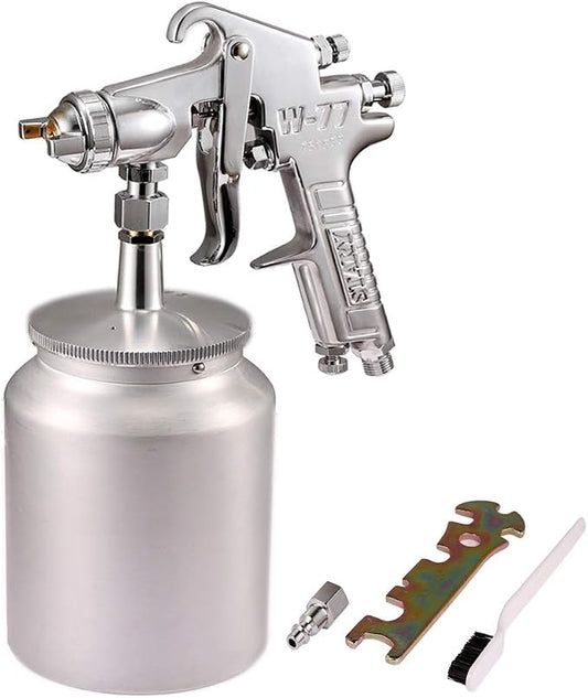 W77 Siphon Feed Spray Gun with 1000cc Cup, 2.5mm Nozzle Spray Gun, Silver Handle