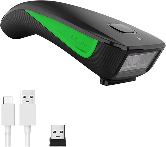 NETUM Mini Barcode Scanner Bluetooth Compatible, Small Portable USB Bar Code Scanner for Inventory, 2.4G Cordless Image Reader for Tablet iPhone iPad Android iOS PC POS (1D-C740-Green)