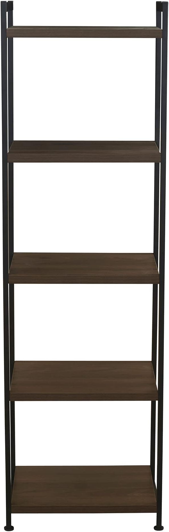 Household Essentials Narrow 5‑Shelf Open Storage Bookshelf, Mid‑Century Walnut Wood Grain with Black Metal Frame