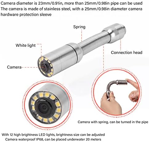 Pipeline Inspection Camera Probe IP68 Sewer Camera with 12 LED Lights for Pipe Drain Endoscope Replacement