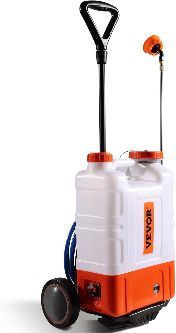 VEVOR 4 Gallon Battery Powered Backpack Sprayer with Wheeled Cart, Adjustable 0-94 PSI, 13FT Hose, 6 Nozzles, 2 Wands Included, Wide Mouth Lid for Weeding, Cleaning, Long Spray Time Without Fatigue