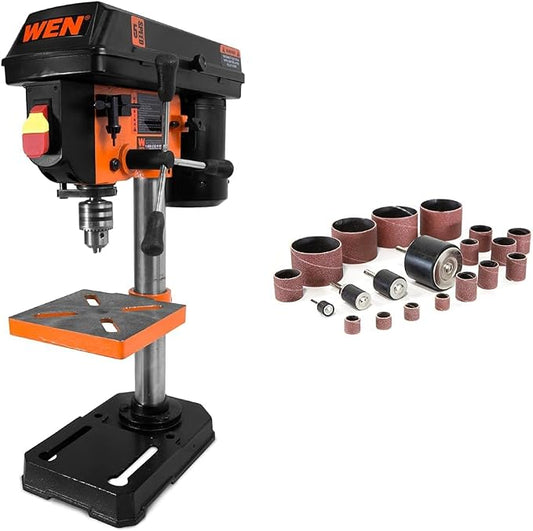 WEN 4208T 2.3-Amp 8-Inch 5-Speed Cast Iron Benchtop Drill Press,Black/Orange & DS164 20-Piece Sanding Drum Kit for Drill Presses and Power Drills