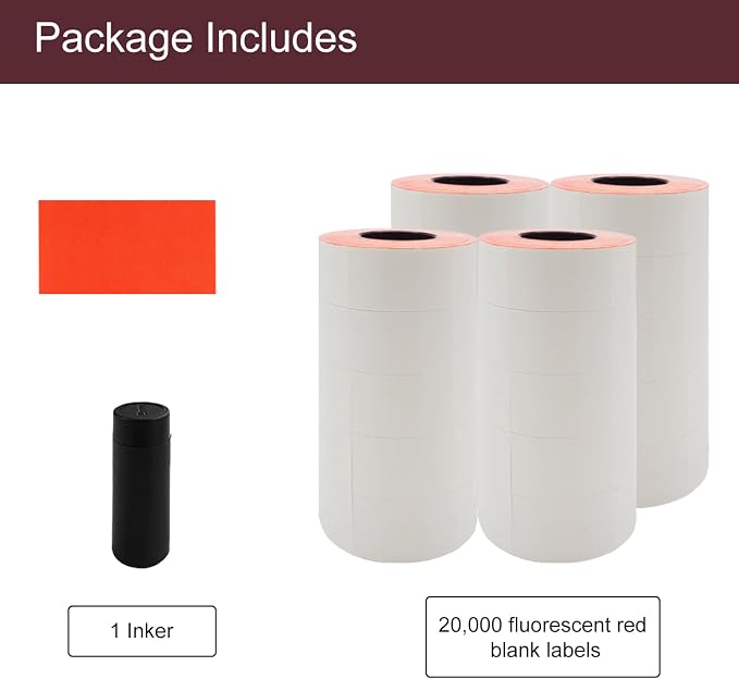 Motex 2 Line Blank Labels - 20,000 Fluorescent Red Blank Price and Date Gun Labels with 1 Ink Roller, Fits MX-2316NEW