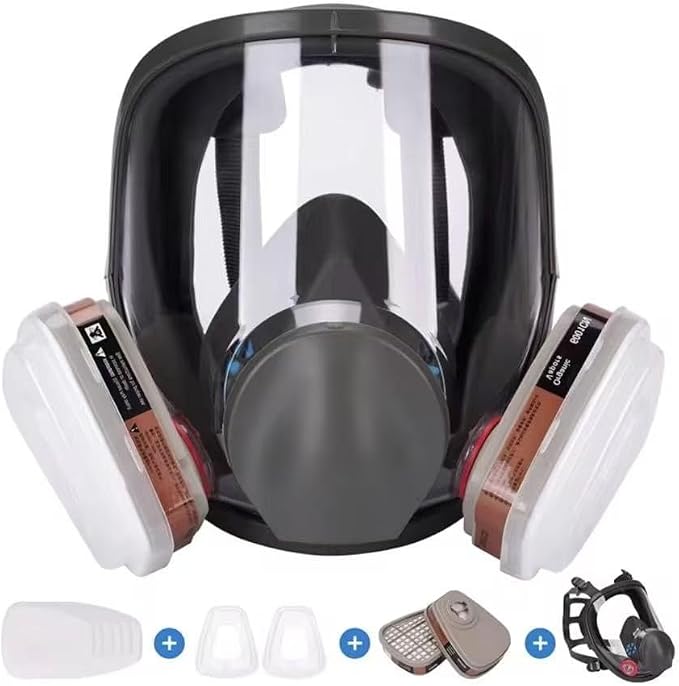 Full Face Respirator Mask with Dual Filter Cartridges - Reusable Silicone Gas Mask with Anti-Fog Visor, Replaceable Filters & Accessories for Painting, Chemical Work, Sanding