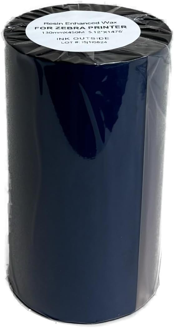 Wolfbarco 1 Roll 5.12" x 1476' (130mm x 450m) Premium Resin Enhanced Wax Thermal Transfer Ribbon 1" Core, Coated Side Out for Zebra Printers
