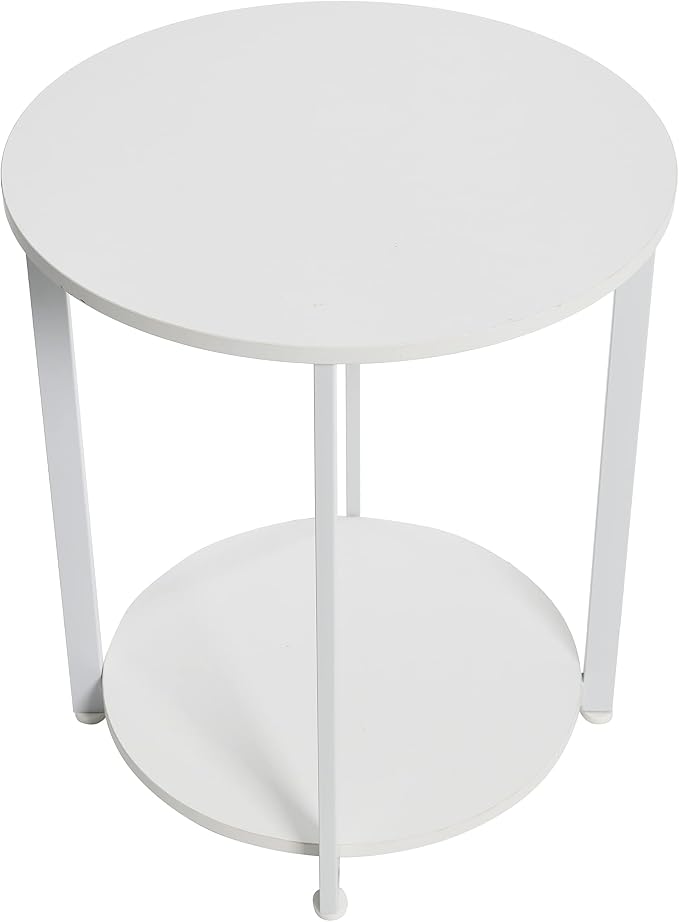 Household Essentials Round Side End Table with Storage Shelf in Scandinavian Wood Grain and Metal Frame, White