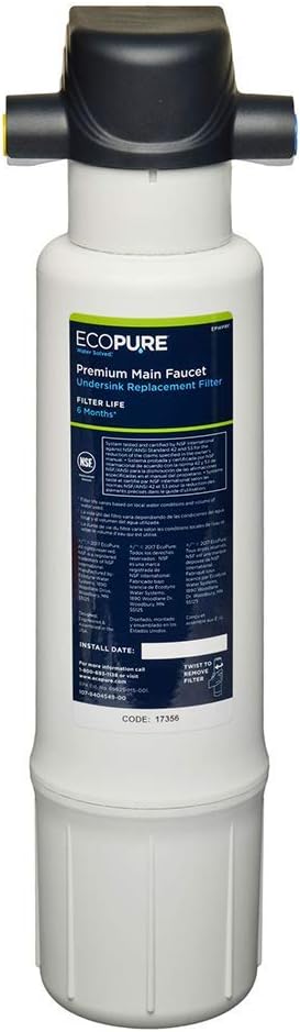 EcoPure EPWPRF Premium Main Faucet Replacement Filter – Fits EPWPFF System – NSF-Certified – Reduces Lead, Chlorine, Sediment & Pharmaceuticals – 6-Month Life – Easy, Mess-Free Changes