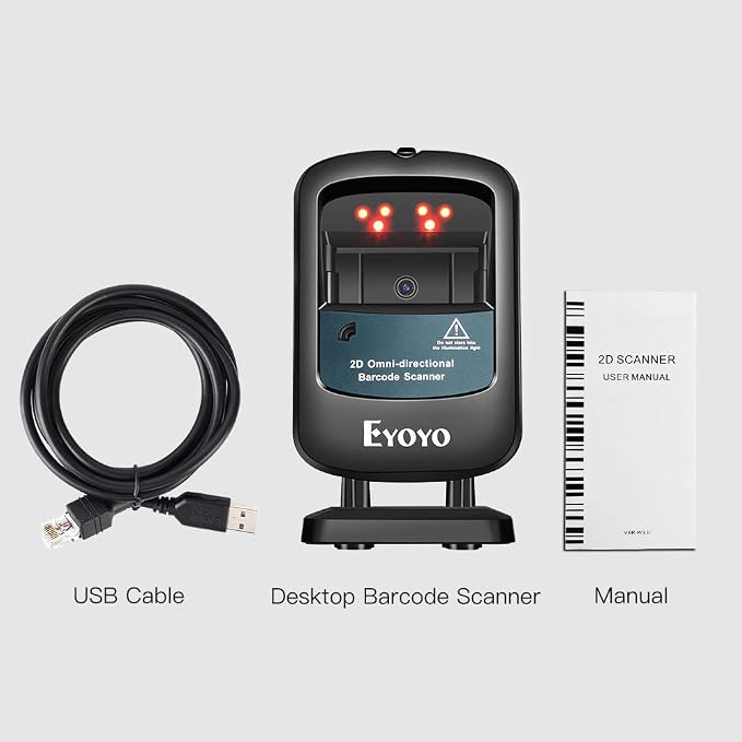 Eyoyo 2D Hands-Free Barcode Scanner, Omnidirectional USB Wired Desktop Barcode Reader 1D 2D PDF417 Data Matrix Bar Code Reader with Automatically Scanning for Retail Store Supermarket Mall Business