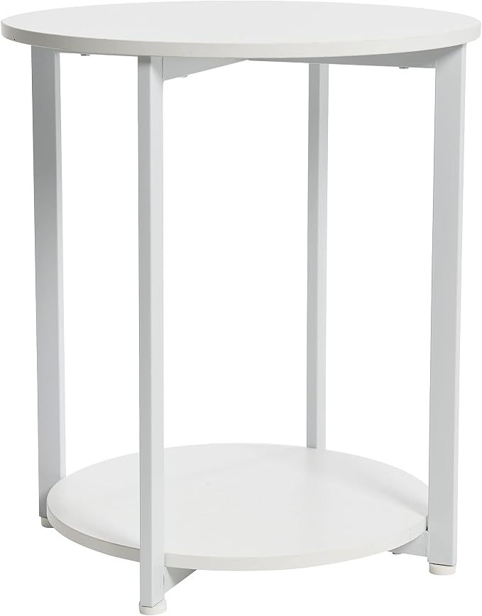 Household Essentials Round Side End Table with Storage Shelf in Scandinavian Wood Grain and Metal Frame, White