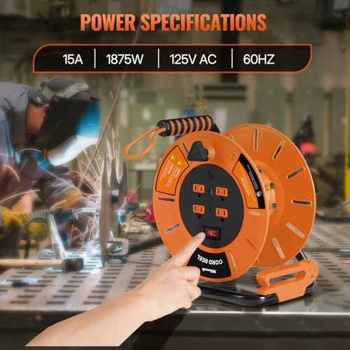 18W LED Work Light and Extension Cord Storage Reel with 4-Grounded Outlet & 2 USB Port Bundle, for Garage, Workshop, Car Repair Scene, ETL Listed J04WL06-G85CR06