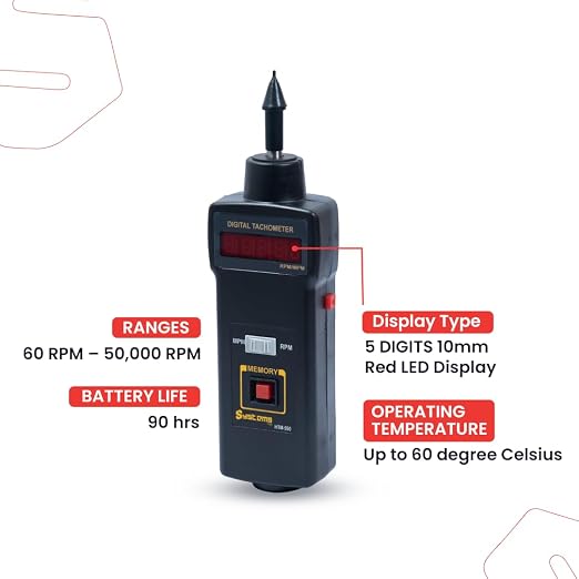 HTM-590 Contact Type Digital Tachometer: LED Red Display, Ideal for Industrial Applications, Accurate and Easy-to-Use RPM, Memory Recall, Best Battery Life, Low Battery Indicator, 1-sec Sampling Rate