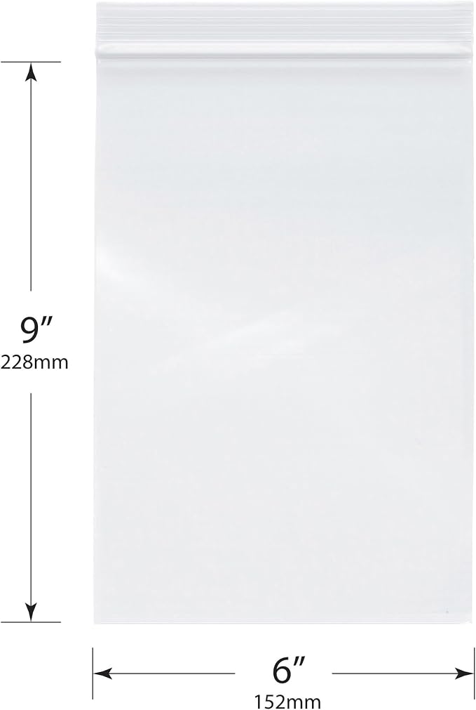 Plymor 6" x 9" (Case of 1,000), 2 Mil Zipper Reclosable Plastic Bags