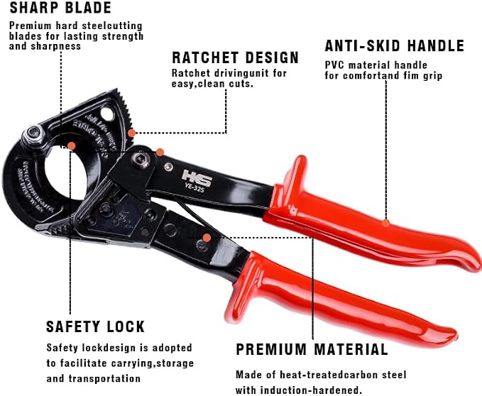 HKS Ratchet Cable Wire Cutter Heavy Duty for Cutting Electrical Aluminum Copper and Multi-core Cables up to 240mm²(AWG 500MCM)