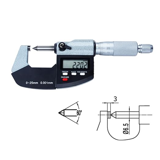 Point Micrometer Electronic Digital Micrometer Measuring Tool, 0-1"/0-25mm, 60 Degree, 0-1"/0.00005", Inch/Metric