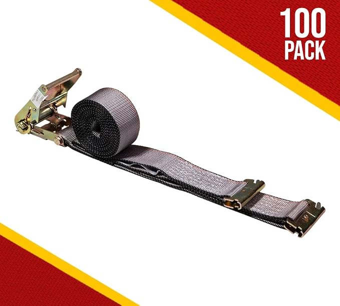 Mytee Products (100 Pack) 2'' x 16' E Track Straps w/Spring E-Fittings - Grey Ratchet Etrack Straps w/Heavy Duty 4000 lbs Breaking Strength for Enclosed Trailers, Trucks & Vans