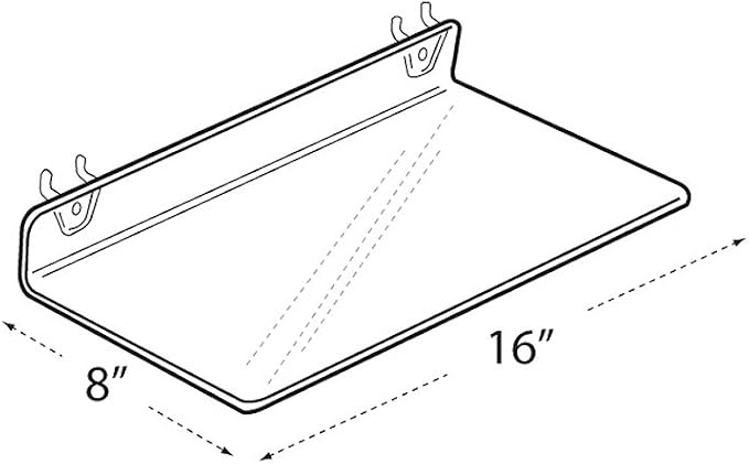 Azar Displays 556014 Clear Acrylic Shelf for Pegboard or Slatwall (4 Pack), 16" W x 8"D