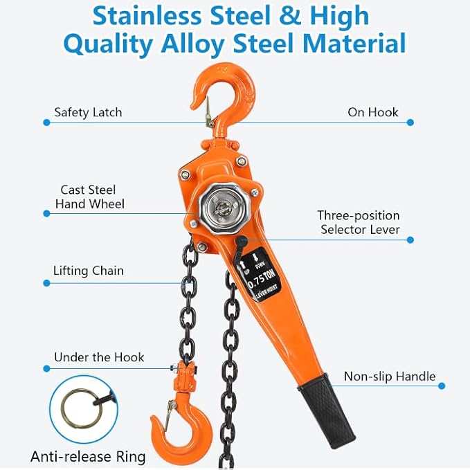 EliteEdge Manual Lever Chain Hoist - 0.75 Ton 10 Ft Lift, Mechanical Efficiency, Efficient Ratchet Mechanism, 2 Hooks, Heavy Duty Chain, 360° Rotation Hook