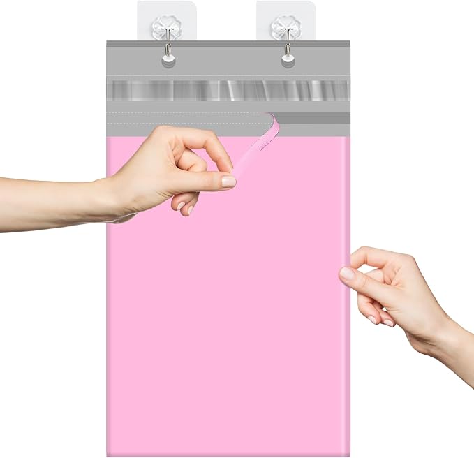 Fuxury Poly Mailers 12x15.5" 100PC Pink Shipping Bags for Clothing with Easy-Open Tear Strip & Easy-Store Hanging Holes, Strong Self-Seal Waterproof Shipping Envelopes Mailing Bags for Small Business