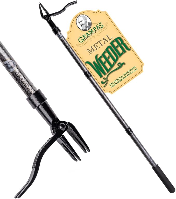 Grampa's Metal Weeder - Stand Up Weed Puller Tool with Steel Long Handle - Made with All Steel Handle & 4-Claw Steel Head - Easily Remove Weeds Without Bending, Pulling, or Kneeling (Black)