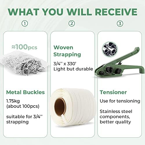 Banding Strapping Kit 3/4" x 328' Woven Cord and 100 Pack Metal Wire Buckle Bundle
