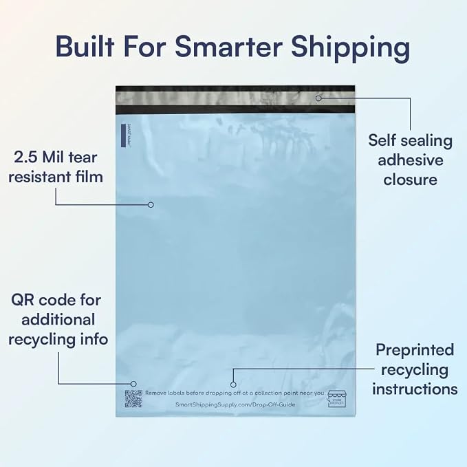 300 Count, 12x15.5 inch 100% Recycled Poly Mailers Eco Friendly Packaging Envelopes Supplies Mailing Bags 2.5 Mil Thick - SMART Mailer…