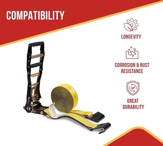 Mytee Products 2" x30' Ratchet Tie-Down Straps with Flat Hooks - 10,000 Lbs Breaking Strength - Tie Down Large Handle and Ratchet Straps for Flatbed, Truck, Trailers Pickup Farm