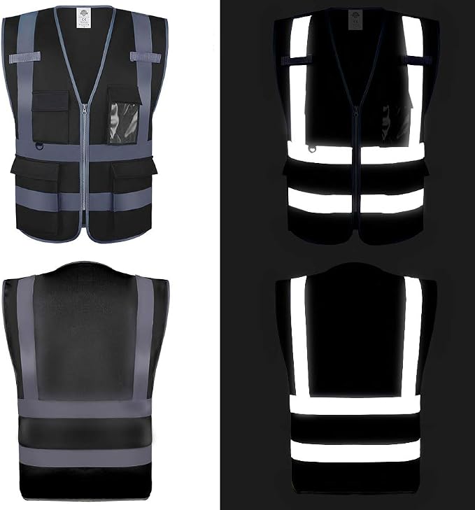Dazonity Safety Vest with Pockets & Zipper,10 Pcs, Reflective, for Construction(Black-2XL)