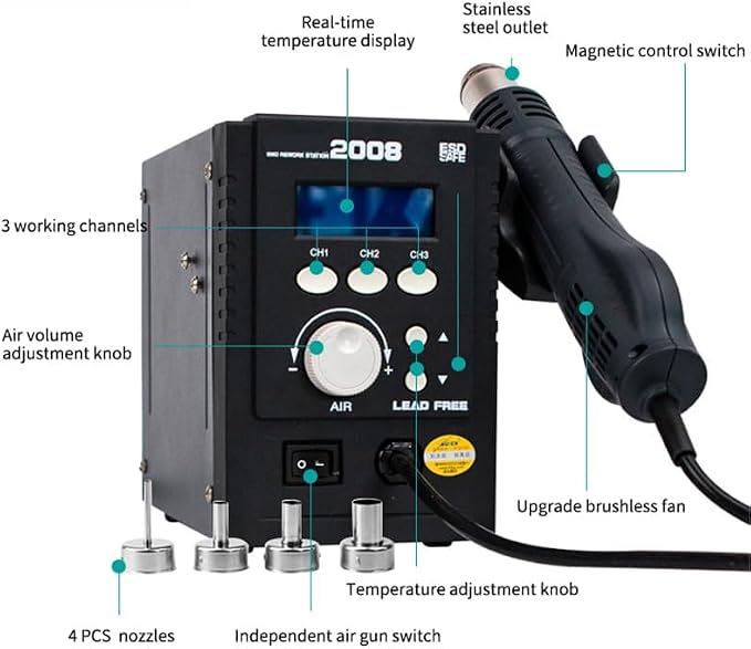 QUICK rework station, QUICK 2008 desoldering station hot air gun | Spiral wind,Brushless fan,fine soldering station kit,Accurate temperature control,ESD safe,motherboard maintenance,859D+﻿﻿﻿