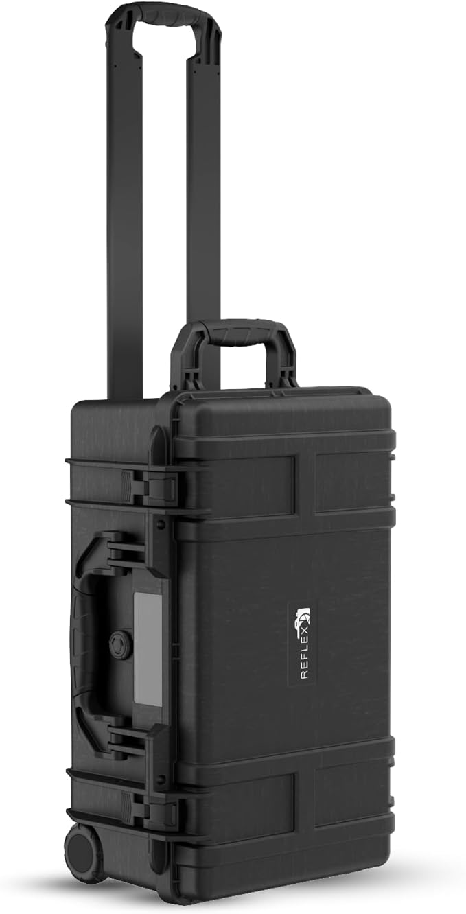 Reflex Camera Large Protective Rolling Hard Camera Case suitable for Drones, Lens, DSLR & Guns. Smooth Rolling Wheels, Waterproof IP67, Shockproof with Adjustable Compartments Dividers