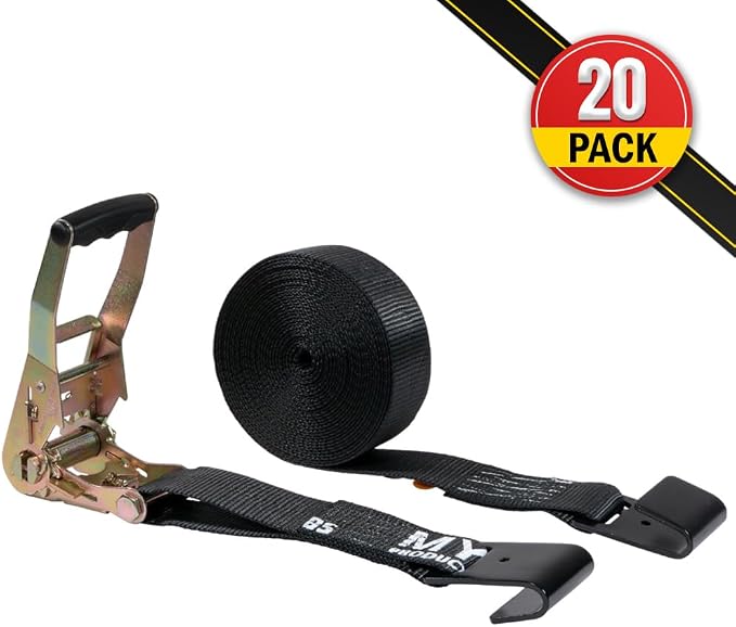 Mytee Products 20 Pack 2" x30' Black Ratchet Straps with Flat Hooks - 3,333 Lbs WLL - Heavy Duty Tie Down Ratchet Straps for Flatbed, Truck, Trailers, Cargo, Pickup