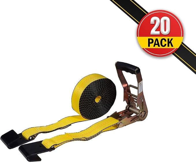 Mytee Products (20 Pack) Ratchet Tie-Down Straps with Flat Hooks, 2" x 30' Ratchet Straps Yellow for Flatbed, Truck, Trailers Pickup