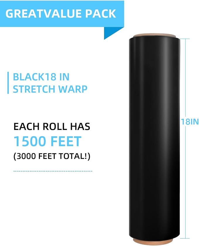 18" Black Stretch Wrap Roll, Heavy Duty 18 Inch 1500ft Shrink Wrap, 4 Pack | Industrial Strength, 80 Gauge Stretch Film, Self-Adhesive Cling, Plastic Wrap for Pallet Wrapping Shipping Moving Furniture