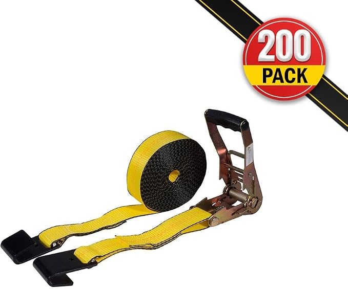 Mytee Products (200 Pack) Ratchet Tie-Down Straps with Flat Hooks, 2" x 30' Ratchet Straps Yellow | 10,000 Lbs Breaking Strength | TieDown Ratchet Straps for Flatbed, Truck, Trailers Pickup
