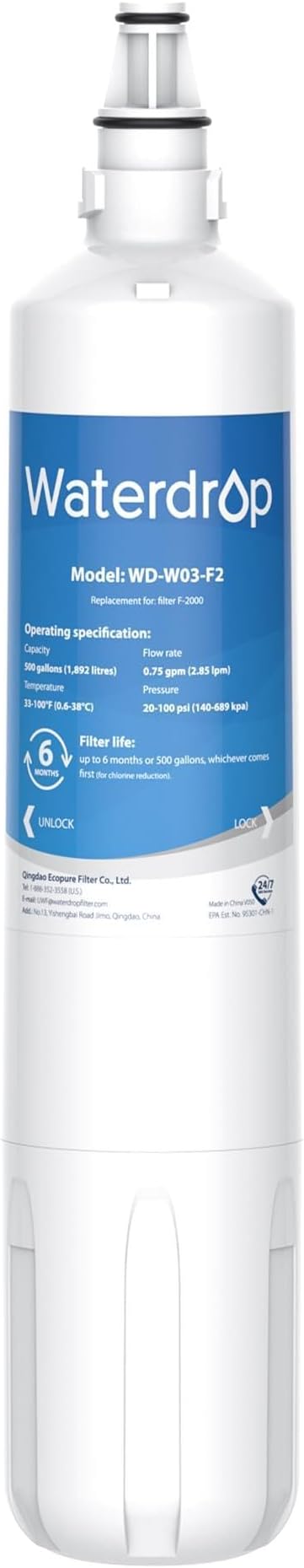 Waterdrop F-2000 Water Filter, Replacement for InSinkErator® F-1000 F-2000 Filter and AquaPure AP Easy C-Complete, 500 Gallons, Reduces Chlorine, Bad Taste & Odor, NSF/ANSI 42 Certified