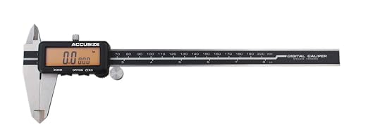 Accusize Industrial Tools Digital Caliper, 0-8'' / 0-200 mm by 0.0005''/0.01 mm Resolution, Metric/Imperial, Yellow LCD,1110-1828 | 200 mm/8 in Range, 0.01 mm/0.0005 in Resolution, ±0.03 mm Accuracy, Metric/Inch, Yellow LCD
