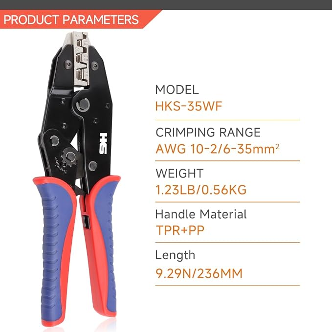 HKS Crimping Tool for Sleeves Ferrule Terminals & Pin Cord End- Ratcheting Wire Crimpers - AWG 10-2 (6-35mm²) - Ratchet Terminal Crimper - Electrical Crimping Tool